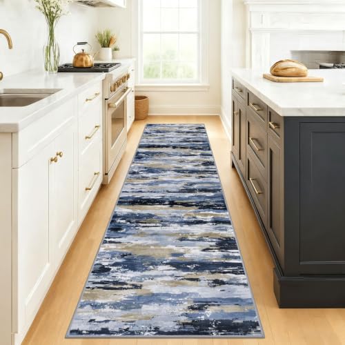 Abstract Washable Runners for Hallway 3x12 Runner Rug Non Slip - color: Navy / Blue / Taupe, size: 3' x 12' (Runner)