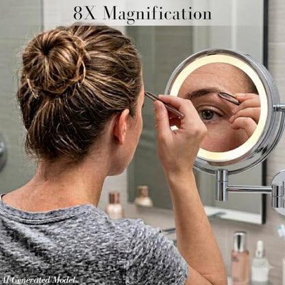 JERDON Lighted Wall-Mount Makeup Mirror - 8X - Chrome - HL88CL - color: Chrome Plug in