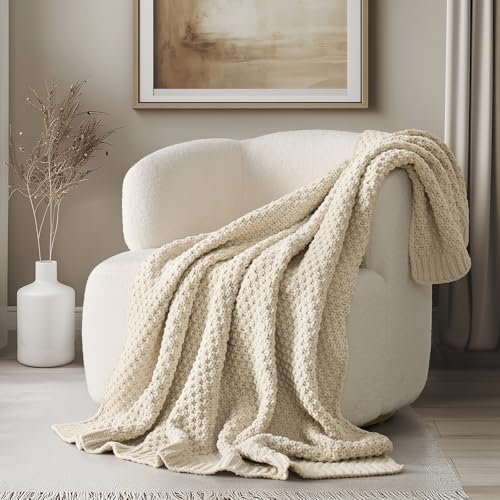 EVERGRACEHOME Chunky Chenille Knit Throw Blanket, 50 x 60, Beige - color: Beige, size: 50" X 60"