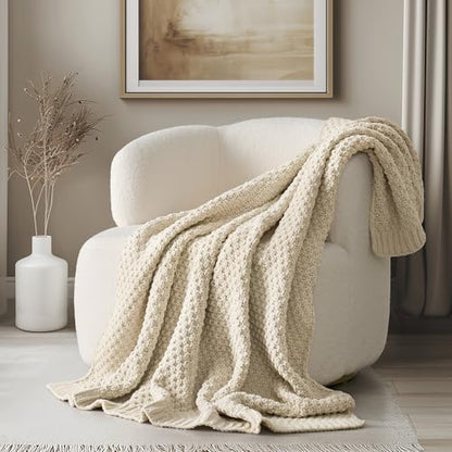 EVERGRACEHOME Chunky Chenille Knit Throw Blanket, 50 x 60, Beige - color: Beige, size: 50" X 60"