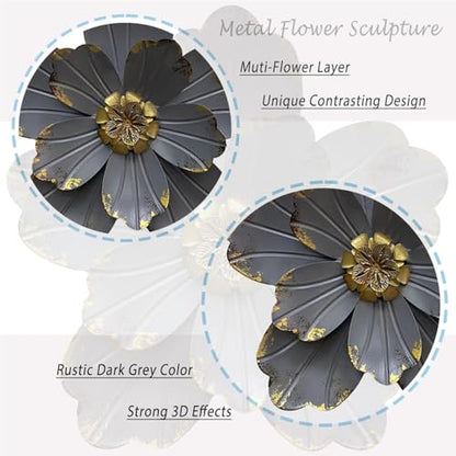 Metal Flower Wall Sculpture, 9.5" Grey Golden Rustic Modern Artwork - color: 02B-Grey