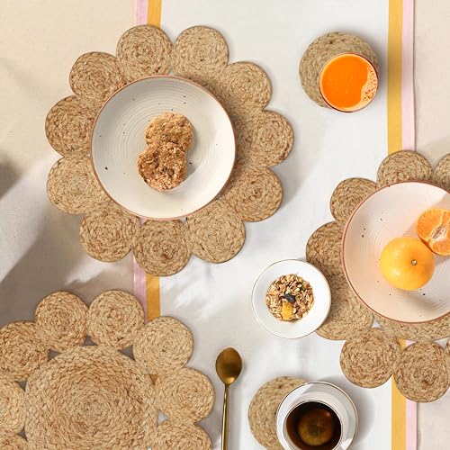 Round Jute Placemats Coasters Set of 8 Natural Braided Cotton Table Mats - size: 13" Round / 4" Round