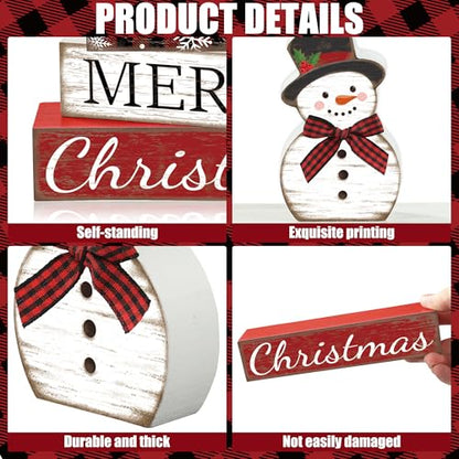 4 Pcs Christmas Table Decoration Snowman Wooden Block Merry Christmas Wood Centerpiece Xmas Red Buffalo Plaid Tabletop Sign Xmas Rustic Farmhouse Tiered Tray Decor for Winter Party Home Shelf Decor