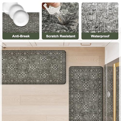 KIMODE Anti Fatigue Kitchen Mat 2PC,Waterproof Farmhouse Green Kitchen Rugs - color: Green/Grey, size: 47"L x 17.3"W x 0.47"Th + 29"L x 17.3"W x 0.47"Th