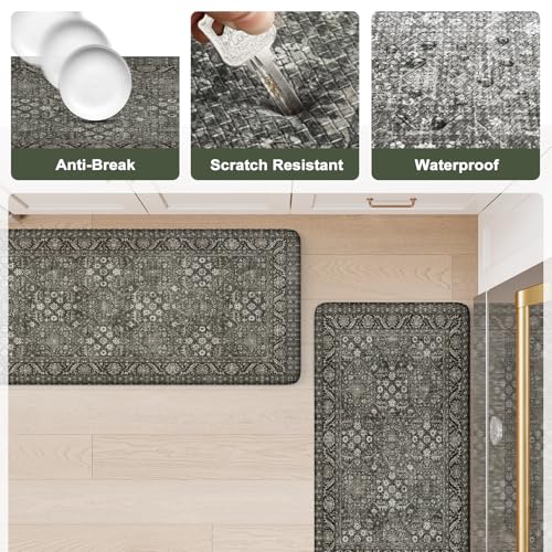 KIMODE Anti Fatigue Kitchen Mat 2PC,Waterproof Farmhouse Green Kitchen Rugs - color: Green/Grey, size: 59"L x 17.3"W x 0.47"Th + 29"L x 17.3"W x 0.47"Th