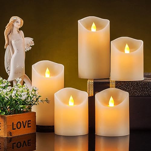Enpornk 불꽃 없는 양초, 깜박이는 움직이는 불꽃 LED 캔들 5개 세트 (사이즈: D: 7.6cm x 높이: 10.2cm/10.2cm/10.2cm/10.2cm/15.2cm/15.2cm/15.2cm/6인치) 기둥 현실적인 리얼 왁스 배터리 작동 양초 리모컨 포함 2 4 6 8시간 타이머 - color: 아이보리 화이트, 5개 세트