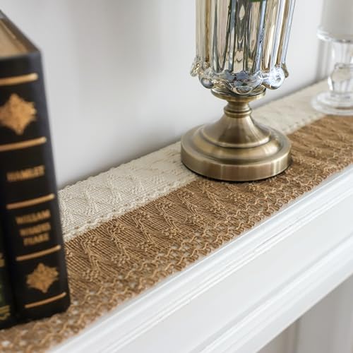 Simple&Opulence Boho Macrame Table Runner - 12 x 72 Inch, Splicing Burlap Farmhouse Cotton Table Runner with Fringed Edges for Bohemian Rustic Wedding, Bridal Shower, Dinner （Brown & White） - size: 12"x72", style: White