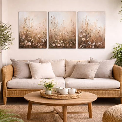 Neutral Wildflower Canvas Wall Art, 3 Piece Gallery Wrapped Set, 12x16 - color: Wildflowers in the grass, size: 12x16 inch