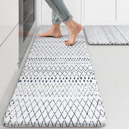 KIMODE Kitchen Mats 2PCS Cushioned Anti Fatigue Boho Kitchen Rugs and Mats - color: Light Blue Diamond, size: 17.3" x 47 "+ 17.3" x 29 "--0.47 inches