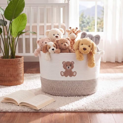 LemonRoad Large Woven Bear Basket, Cotton Rope, Cute Bear, Brown - color: Brown, size: Cotton Rope, style: Cute Bear