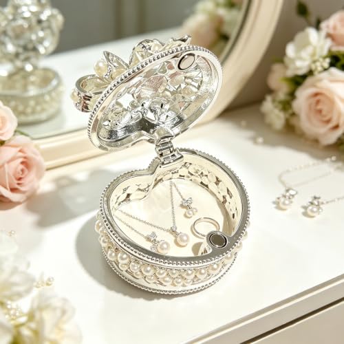 Metal Enamel Pearl Bow Jewelry Box Mini Trinket Storage Gift for Jewelry - color: Heart