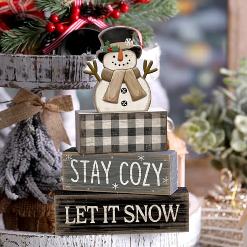 Yuntau 4 Pcs Winter Table Decorations Wooden Snowman Tiered Tray Decor - style: Let It Snow