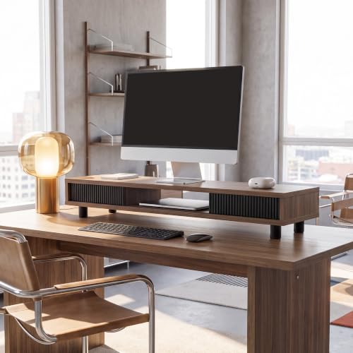 Fenge Dual Monitor Stand with Storage, Desk Shelf with Glass Sliding Door - color: Brown