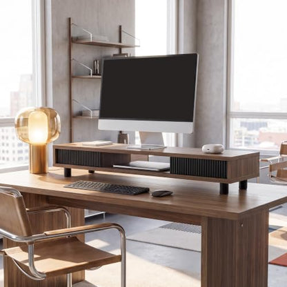 Fenge Dual Monitor Stand with Storage, Desk Shelf with Glass Sliding Door - color: Brown
