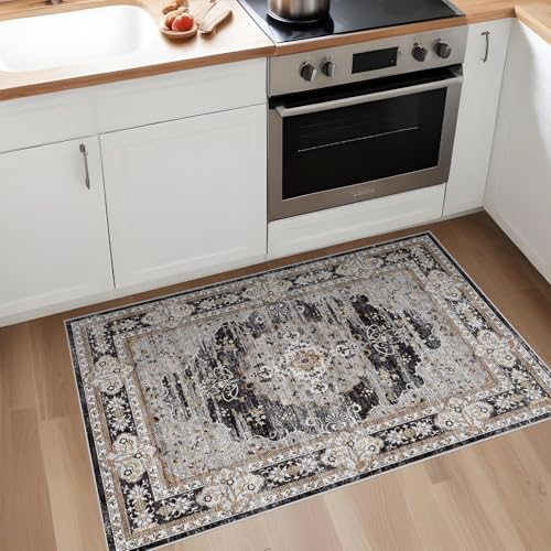 2x3 Washable Entryway Area Rug - Non-Slip Boho Throw Rugs Black Gray - color: Black/Gray, size: 2' x 3' (Rectangular)