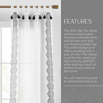 Shilo Boho Sheer Tab Top Window Curtain Panel with Tassels, Black - 52" W x 95" L