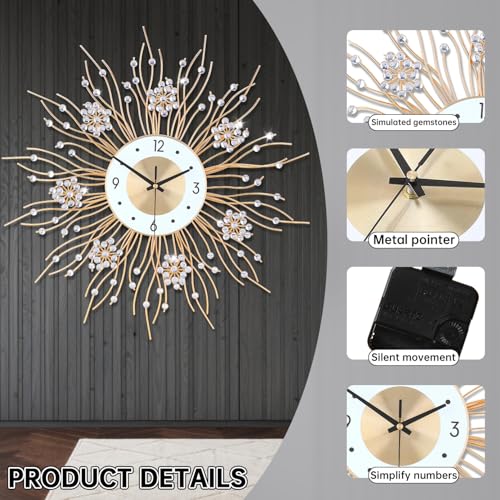 SIN&MI Large Wall Clocks, Silent Sunflower Shape Chic Decorative Wall Clock, Modern Non-Ticking Round Clock Dial Iron Metal Wall Clock for Living Room Decor Entrance Office Cafe 20 Inch - color: Gold50, size: 20*20Inch