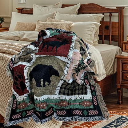 EZ. enjoy Geometric Woodland Moose Bear Tapestry Throw Blanket - color: Wildlife01