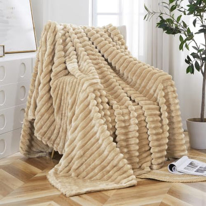 Taliska Ribbed Fleece Throw Blanket for Couch, Khaki, 50"x60" - color: Khaki, size: Throw(50"x60")