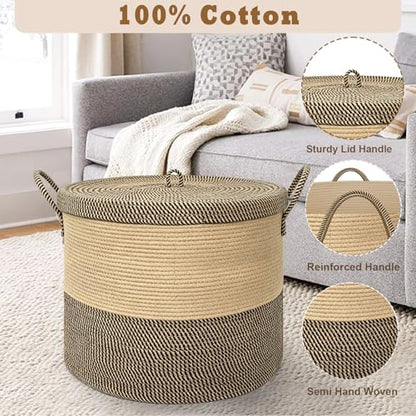 XXXXL Extra Large blanket basket with lid 21"x21"x18" blanket storage for living room,Large woven storage basket round laundry basket rope basket 115L (Jute&Black) - color: Jute&Black
