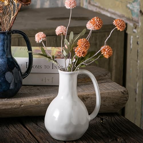 Tanvecle White Ceramic Vase with Big Handles, Modern Farmhouse Decor, Rustic Pottery for Flowers, Decorative Terracotta Centerpiece for Dining Table