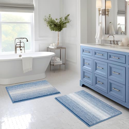 BSICPRO Bathroom Rugs Sets 2 Piece, Non Slip Striped Bath Mats, Sky Blue - color: Sky Blue, size: 20" x 32" Plus 16" x 24"