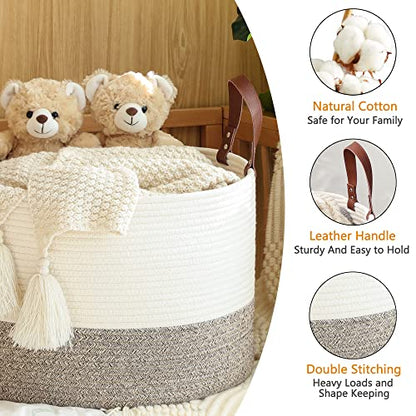 KAKAMAY Large Blanket Basket (20"x13"),Woven Baskets for storage Baby Laundry Hamper,Cotton Rope Blanket Basket for Living Room, Laundry, Nursery, Pillows, Baby Toy chest (White/Beige) - color: Cream and Beige