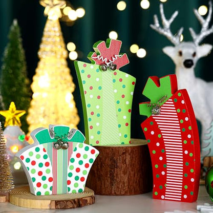 3 Pcs Christmas Table Decoration Whimsical Red Green Wooden Gift Box Sign - style: Whimsical