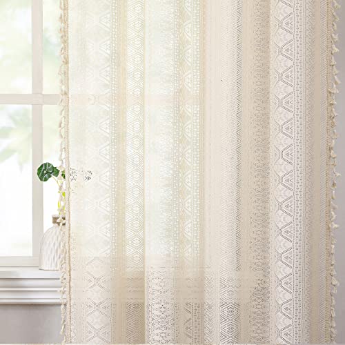 Beige Boho Sheer Lace Window Curtains with Tassel, 40" Wx54 Lx2 - color: Beige, size: 40"W x 54"L (Pack of 2)