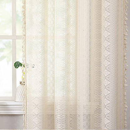Beige Boho Sheer Lace Window Curtains with Tassel, 40" Wx54 Lx2 - color: Beige, size: 40"W x 54"L (Pack of 2)