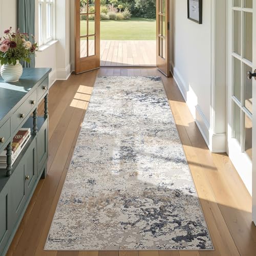 DMOYEST Washable Runner Rug for Hallway: 3x8 Neutral Modern Abstract Low Pile Area Rug with Non-Slip Backing - Carpet for Bedroom Kitchen Laundry Entryway Bathroom Indoor - Beige Blue - color: Beige Blue, size: 3' x 8' (Runner)