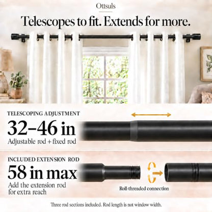 Ottsuls Black Curtain Rod, Adjustable 32-46 in, Extends to 58 in - size: 32" to 46"
