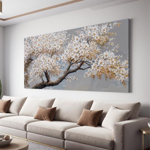Modern Elegant White Flower Tree Of Life Wall Art For Living Room 24x48 In - color: HX5A, size: 48"L x 24"W