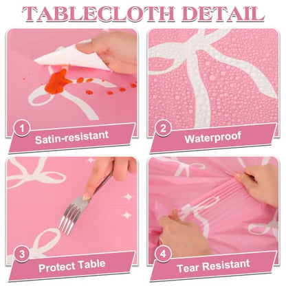 3 Pack Coquette Pink Bow Plastic Tablecloth, Pink and White Tablecloth - color: Pink Bow
