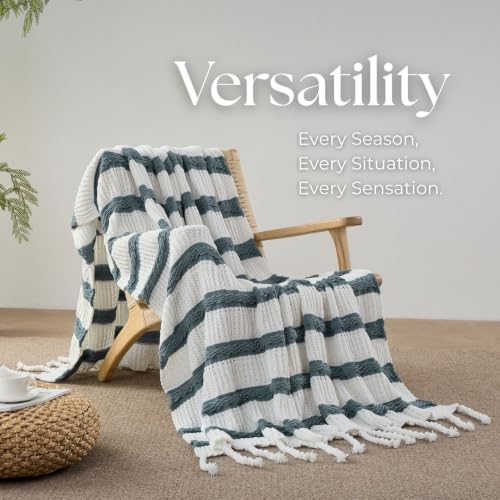 Boho Knitted Chenille Blanket with Tassels - Lightweight & Soft All-Season Throw - 3D Classic Pattern for Living Room Bedroom Couch, Celestial Blue(Striped), Twin 60"x80" - color: Celestial Blue(striped), size: Twin