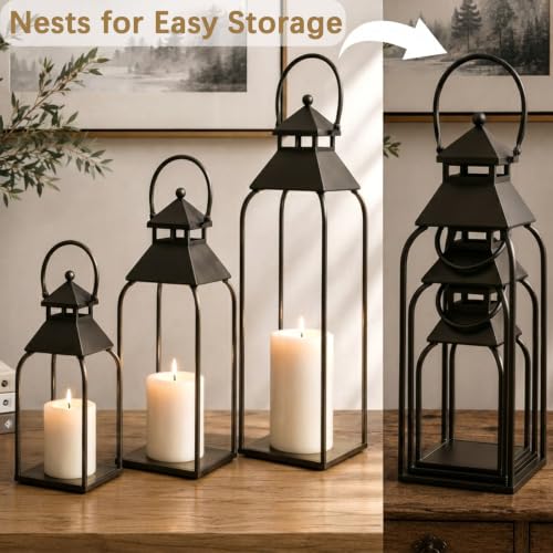 20" 16" 12" Farmhouse Metal Lanterns, Arched Handle Candle Holder for Porch