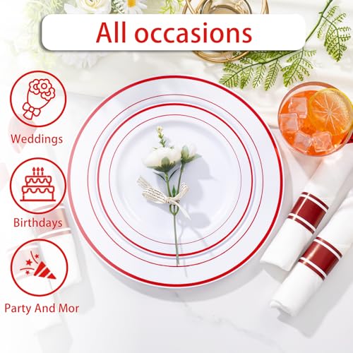 WELLIFE 350-Piece Red Plastic Party Dishware Set - 50 Dinner Plates, 50 Dessert Plates, 50 Cups, 50 Plastic Cutlery - color: Red, style: 350PCS（50 Guests）