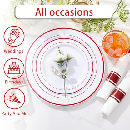 WELLIFE 350-Piece Red Plastic Party Dishware Set - 50 Dinner Plates, 50 Dessert Plates, 50 Cups, 50 Plastic Cutlery - color: Red, style: 350PCS（50 Guests）
