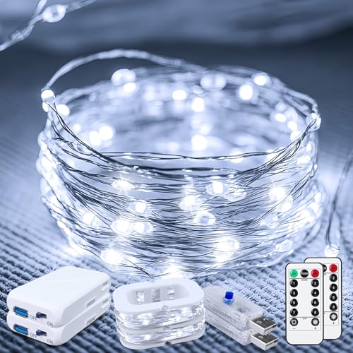 50LED Fairy Lights USB & Battery Powered 2Pack, 16FT White Fairy String Lights with 8 Modes & Timer, Cuttable Copper Wire Waterproof Twinkle Light Indoor Outdoor for Bedroom Wedding Christmas Decor - color: White, size: 2 Pack