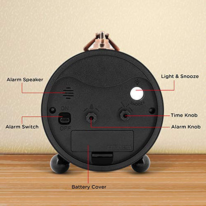 Peakeep 4" Small Battery Operated Analog Alarm Clock, Antique Retro Style - color: Black