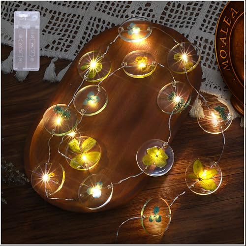LED Christmas String Lights Indoor Baterry Powered 5.2 FT 15 LEDS Handmade Dried Flowers Disc Fairy Lights for Bedroom Birthday Weeding Party Christmas Tree Decorations Supplies (Blue Yellow) - color: Blue