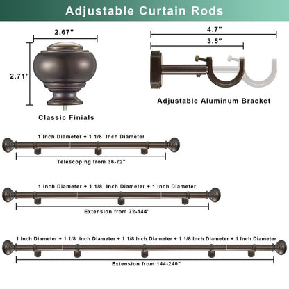 1 1/8 Inch Heavy Duty Curtain Rods, Single Curtain Rod for Window 36-72 Inch(3-6ft), Telescoping Drapery Rods with Classic Finials and Adjustable Aluminum Alloy Brackets, Antique Brown - color: Antique Brown, size: 36-72"