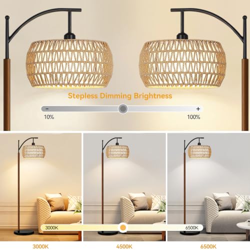 QIYIZM Rattan Floor Lamp for Living Room,Bedroom,Boho Standing Lamp with Remote Dimmable,Wood Vintage Mid Century Modern Black Tall Lamp Wicker Lamp Shade Floor Lights Bohemian Tiffany Style - size: Floor Lamp--34