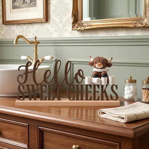 Roowest Meatal Hello Sweet Cheeks Sign Highland Cow Bathroom Decor - style: Highland Cow