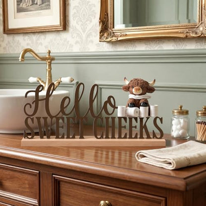 Roowest Meatal Hello Sweet Cheeks Sign Highland Cow Bathroom Decor - style: Highland Cow