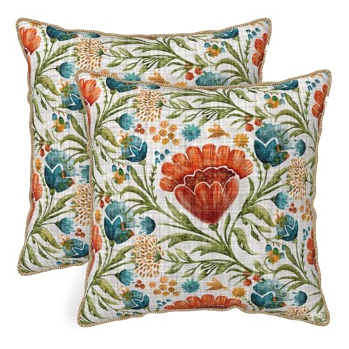 Red Blue Bright Floral Soft Velvet Throw Pillow Covers Set of 2 Colorful Flowers Green Leaf Plant Decorative Pillow Covers 16x16 Inch Boho Rustic Pillow Case For Sofa Couch Living Room Home Decor - color: Red Floral, size: 16" x 16" (Pack of 2)