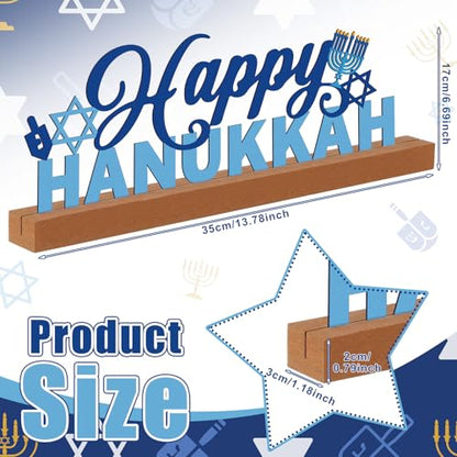 Yaocom 13.78 Inch Happy Hanukkah Table Decoration Happy Hanukkah Metal Letter Sign Star of David Freestanding Tabletop Centerpiece with Wooden Base Cutout Word Sign for Home Mantel Shelf Fireplace - style: Hanukkah