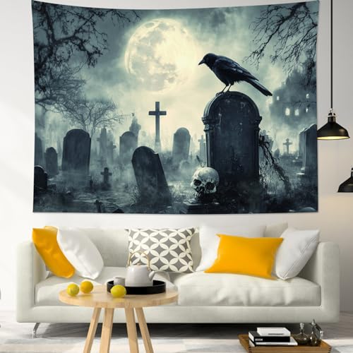 HVEST Halloween Tapestry Wall Hanging Horror Tombstone and Scary Skull in Cemetery Wall Art Spooky Dead Tree and Crow under Full Moon Tapestry for Bedroom Living Room Dorm Wall Decor, 51L X 59W inches - color: Gray, size: 51"L x 59"W