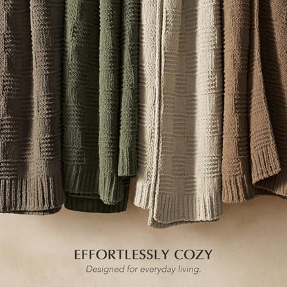 EVERGRACEHOME Modern Checkered Chenille Throw Blanket, 50x60, Sand Dune - color: Sand Dune, size: 50" X 60"
