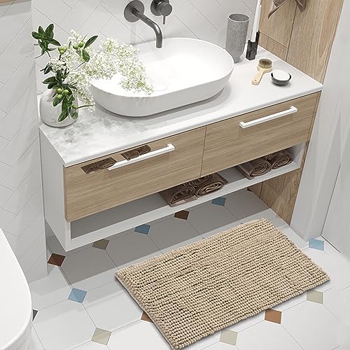 FRESHMINT Chenille Bath Rugs Extra Soft and Absorbent Microfiber Shag Rug, Non-Slip Runner Carpet for Tub Bathroom Shower Mat, Machine-Washable Durable Thick Area Rugs (Light Brown, 24" x 17") - color: Light Brown, size: 1'5" x 2' (Rectangular)